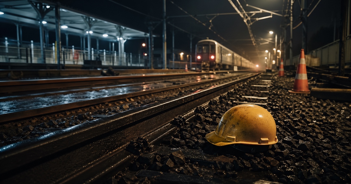 Copertina: cantiere ferroviario notturno con casco da lavoro vicino ai binari